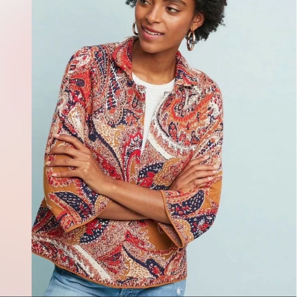 Moth Anthropologie orange paisley intarsia sweater blazer extra large XL